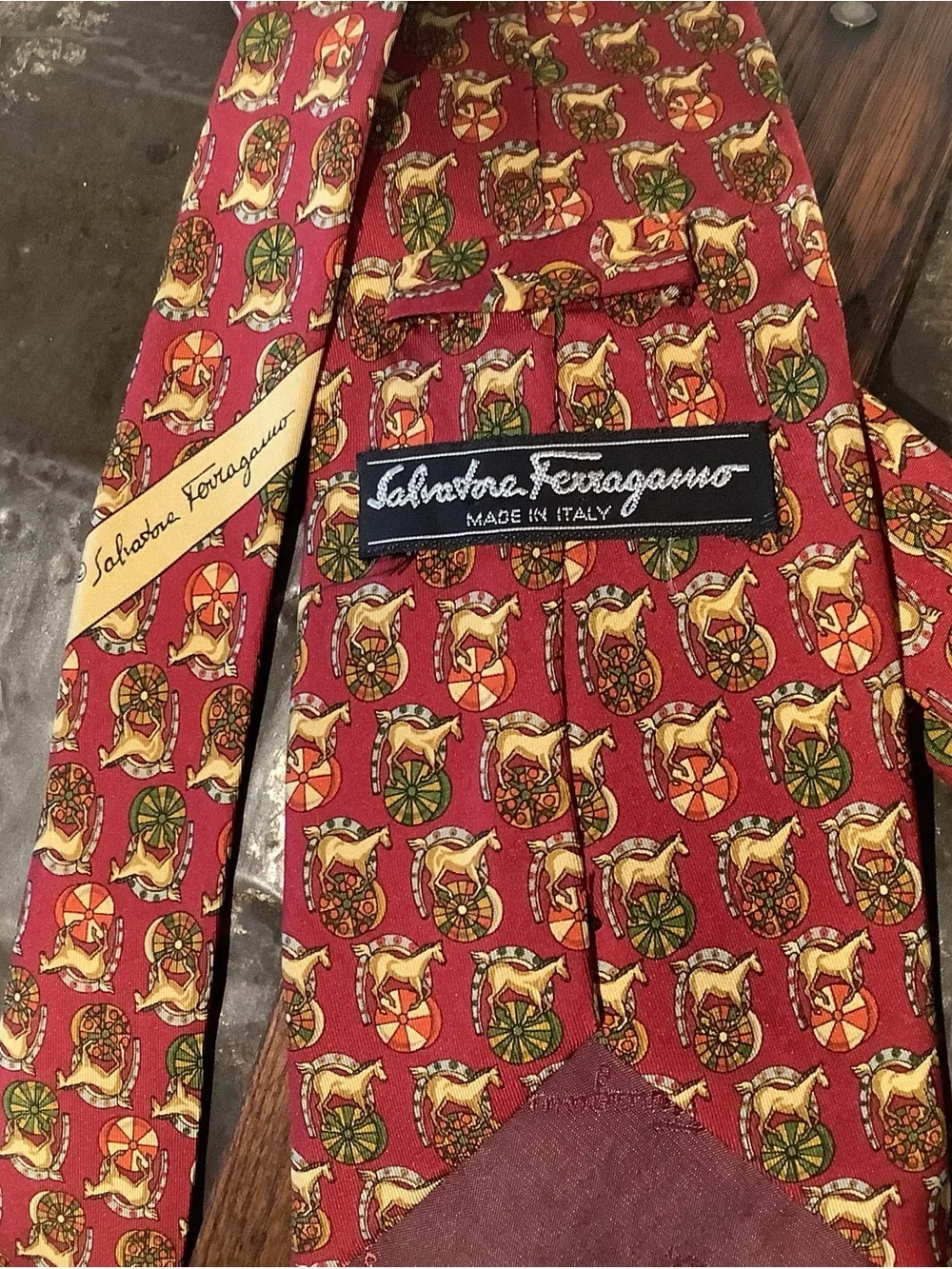 Salvatore Ferragamo Burgundy Italian Silk Tie with Multicolor Horse Motif